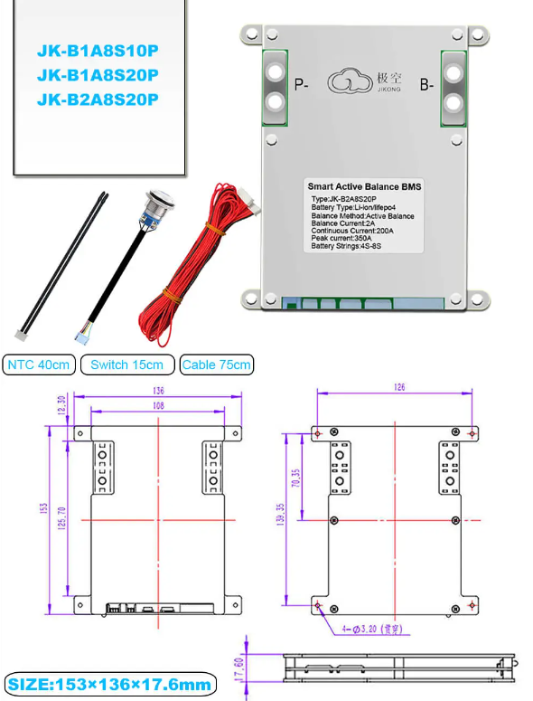 BMS 100A 3S 4S 7S 8S 12V-24V JKBMS 1A балансування LiFePo4 Li-ion LTO B1A8S10P